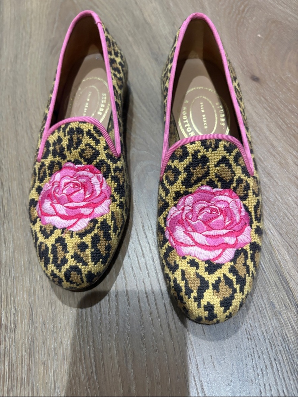 Stubbs & Wootton Leopard Print Flats with Pink Rose Embroidery